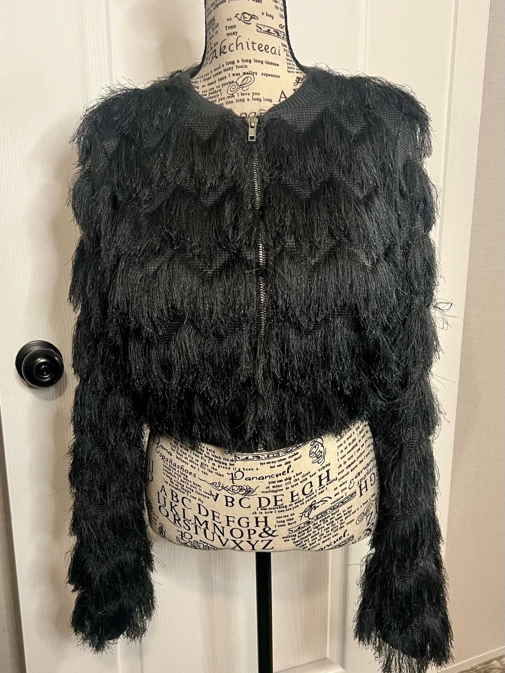 Windsor Black Fringe Zip-Up Teddy Jacket